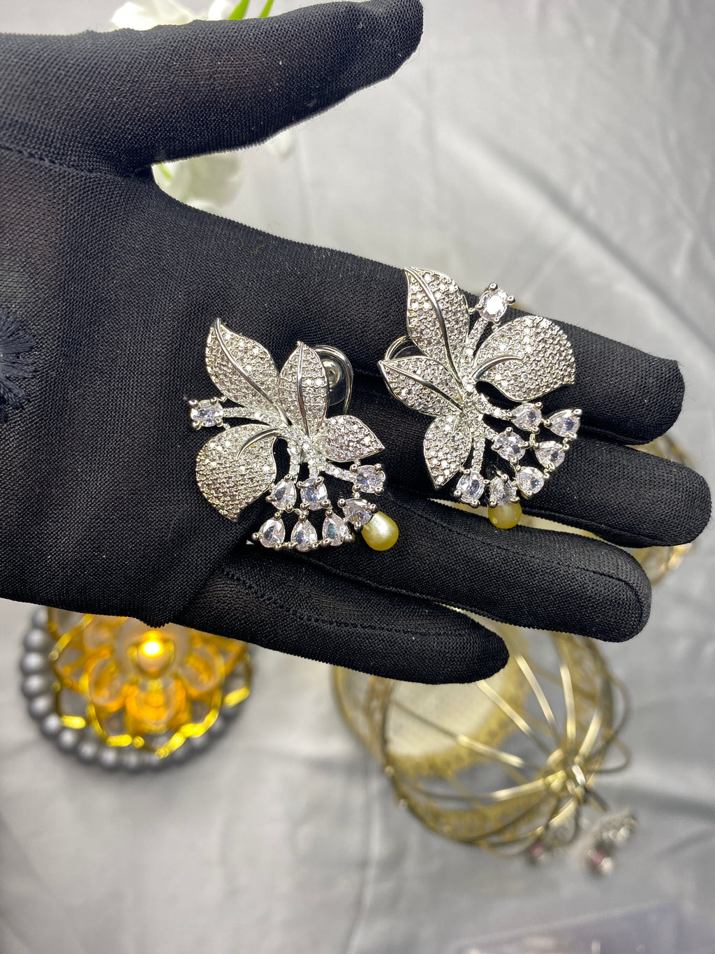 Luxury Floral Diamond-Studded Earrings with Pearl Drops
