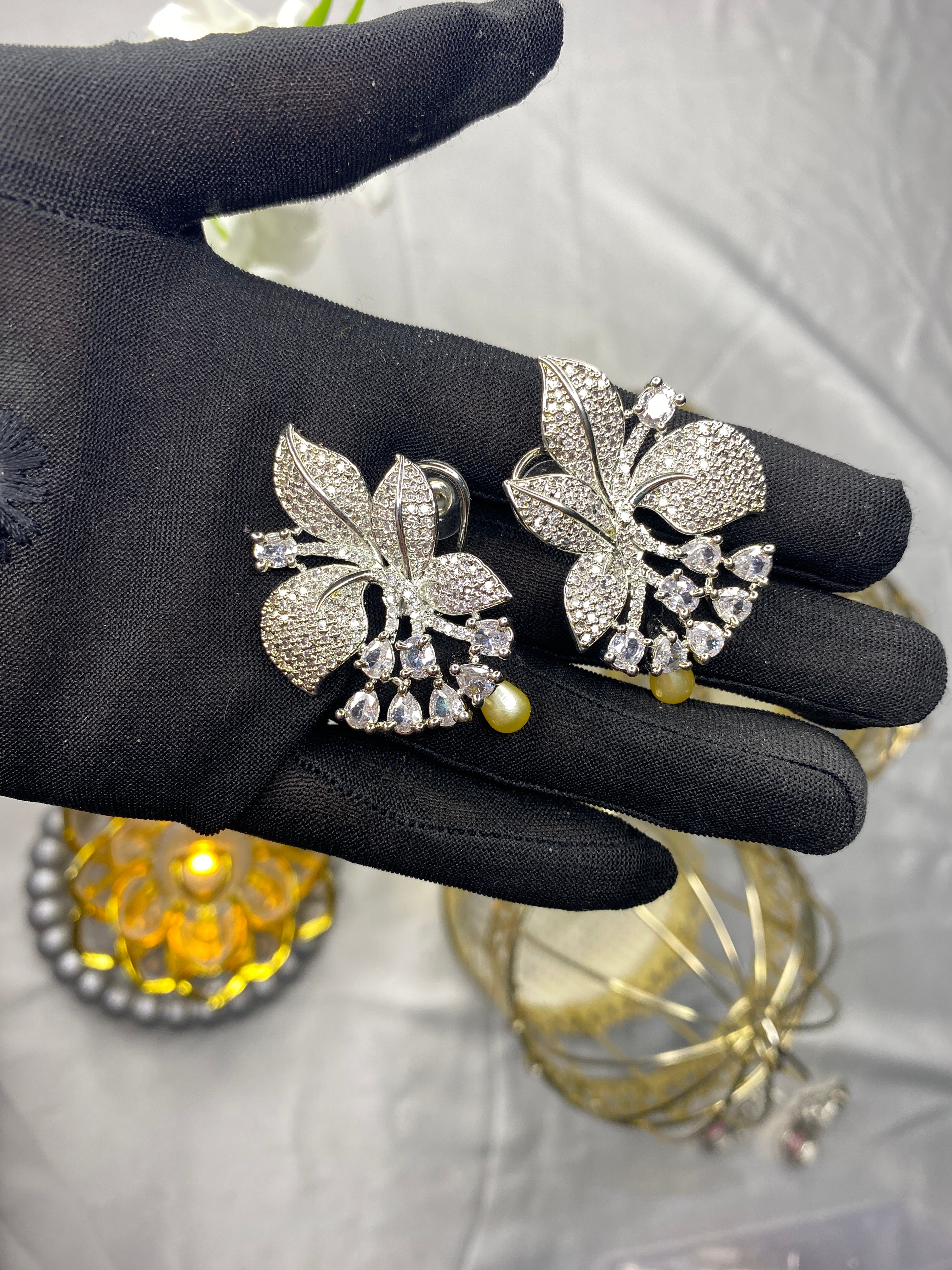 Luxury Floral Diamond-Studded Earrings with Pearl Drops
