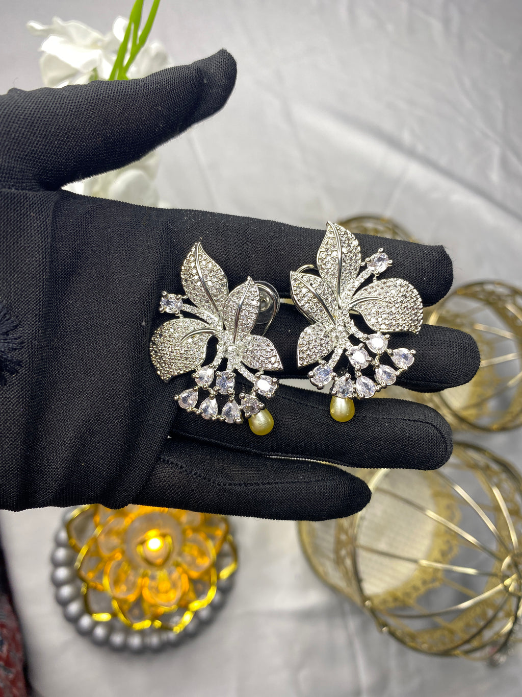 Luxury Floral Diamond-Studded Earrings with Pearl Drops