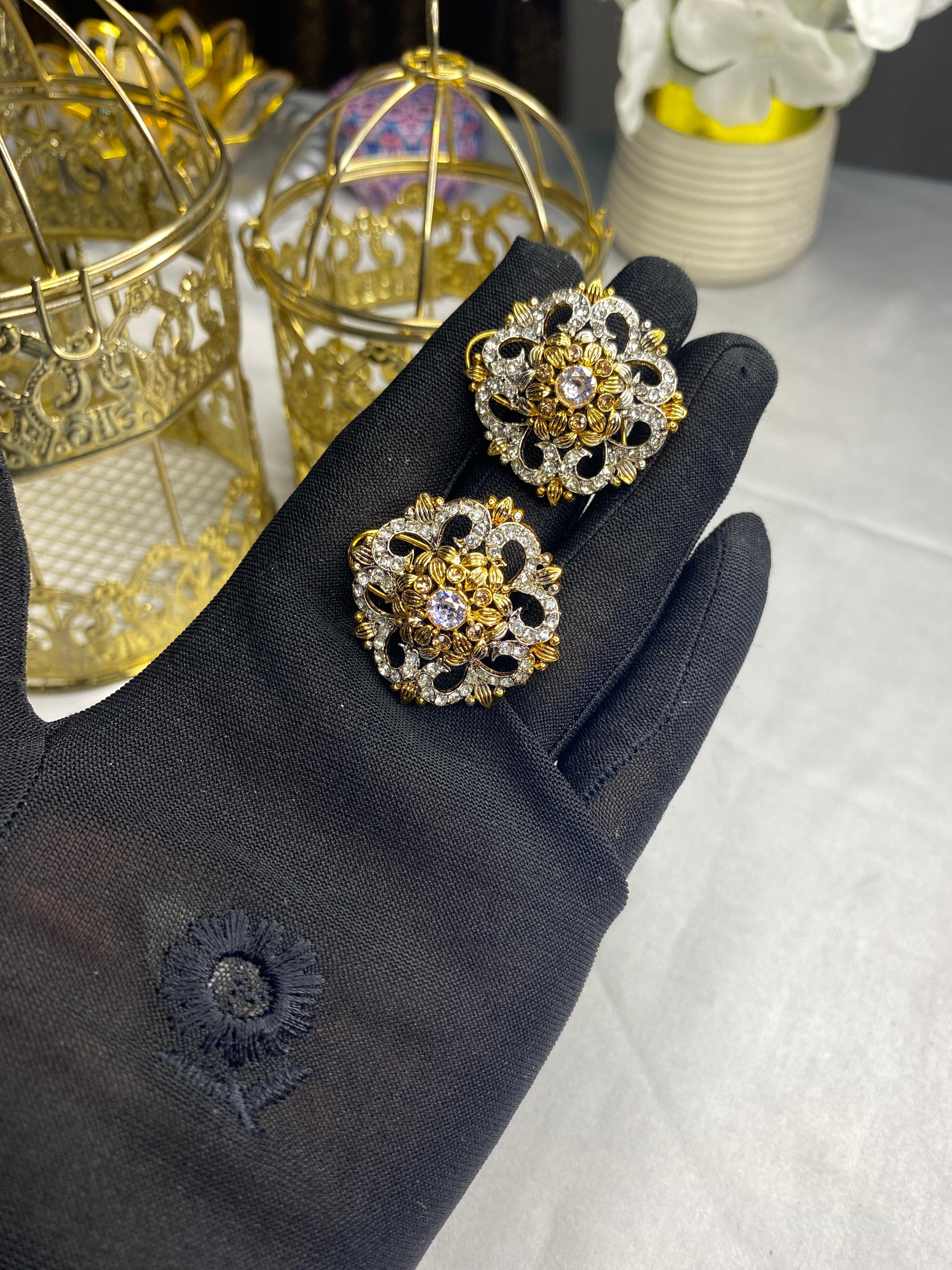 Gold Floral Studs with Diamond Accents