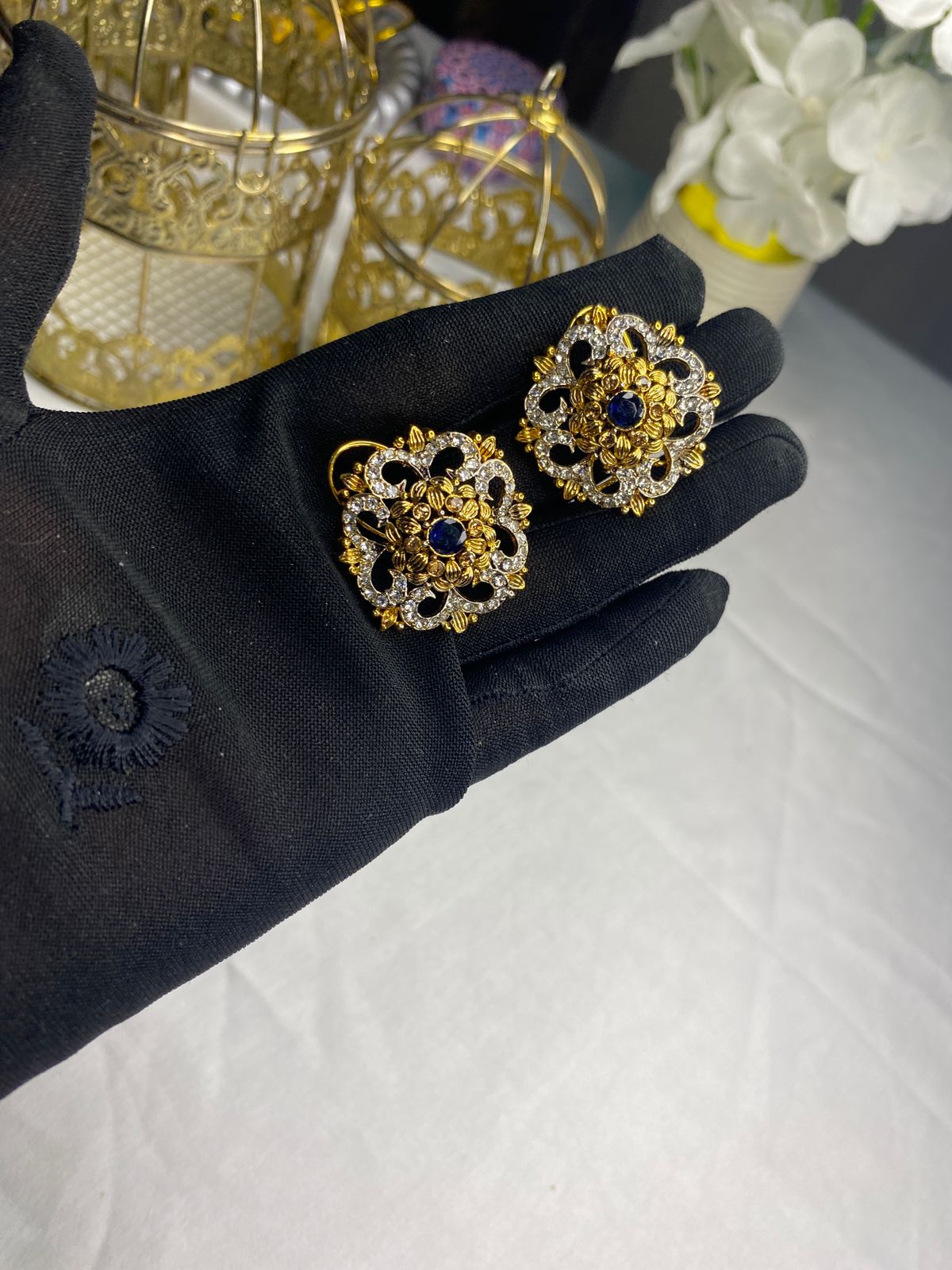 Gold Floral Studs with Diamond Accents