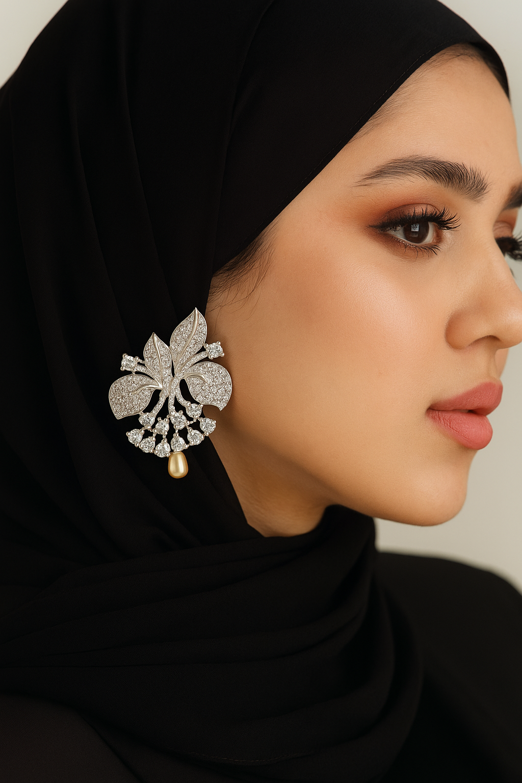 Luxury Floral Diamond-Studded Earrings with Pearl Drops