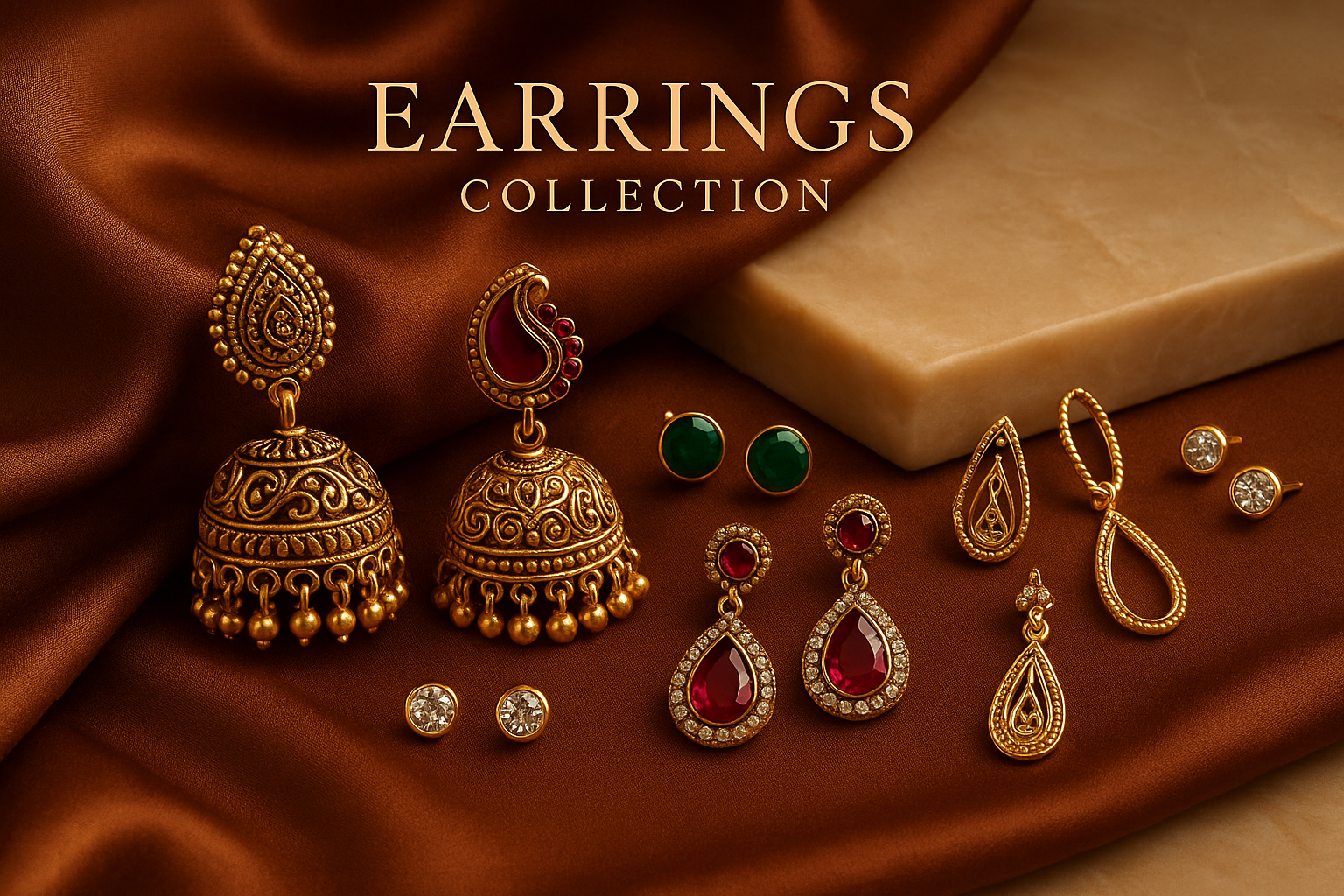 create a cover image for my earings section it should have jhumkas earings studs  a veryy pretty picture