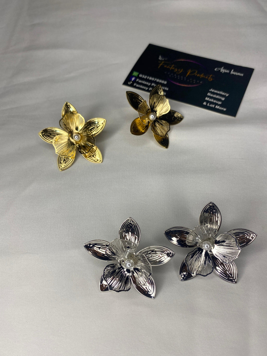 Floral Pearl Center Earrings – Silver & Golden Edition