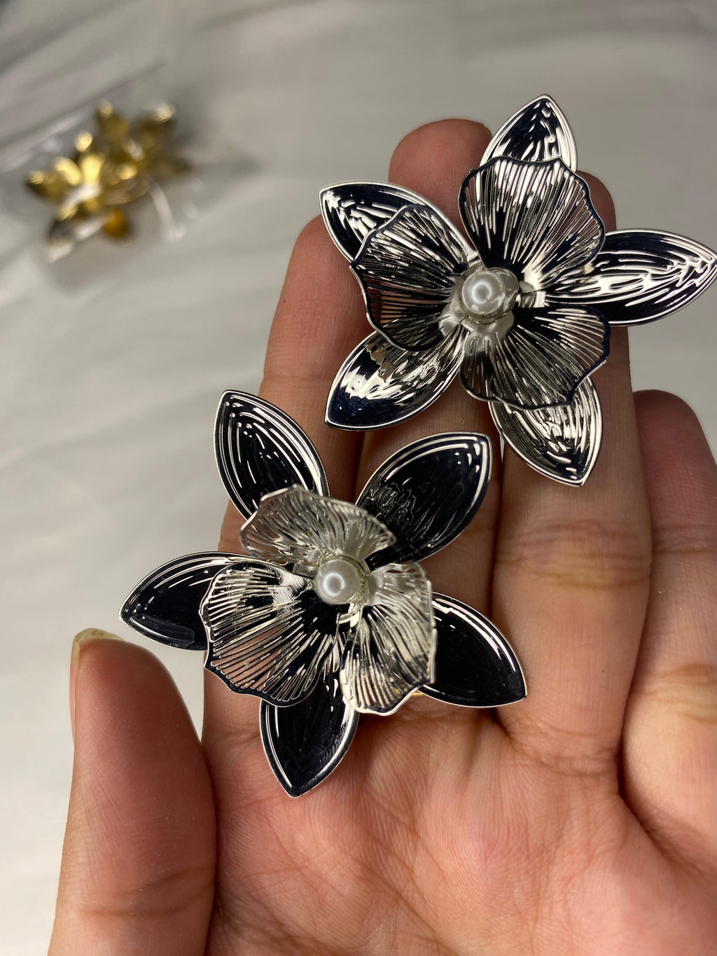 Floral Pearl Center Earrings – Silver & Golden Edition