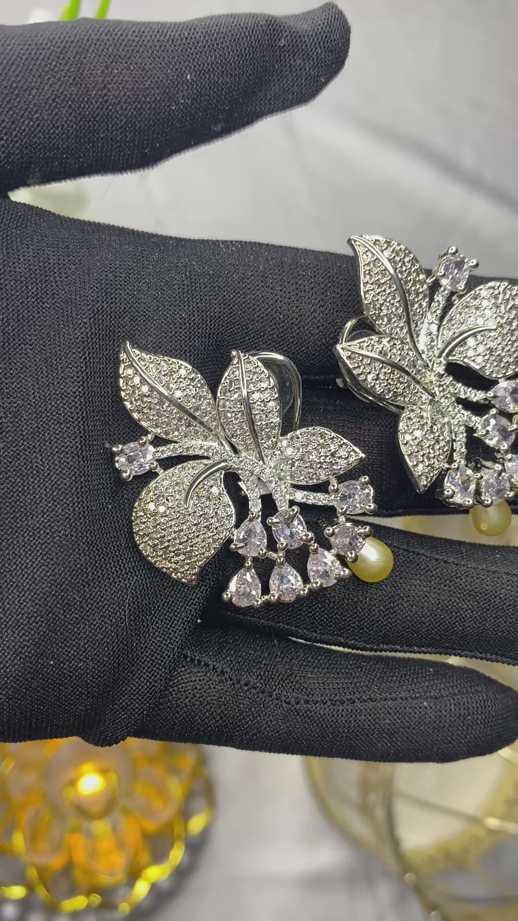 Luxury Floral Diamond-Studded Earrings with Pearl Drops