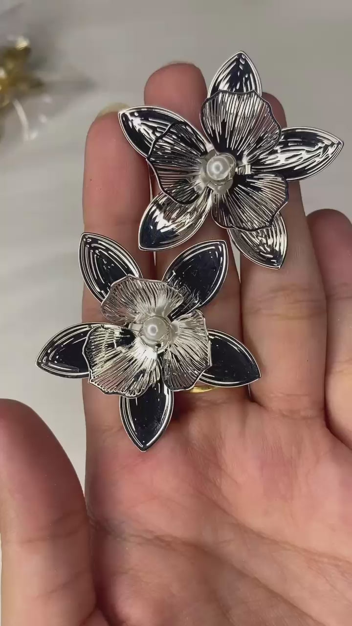 Floral Pearl Center Earrings – Silver & Golden Edition